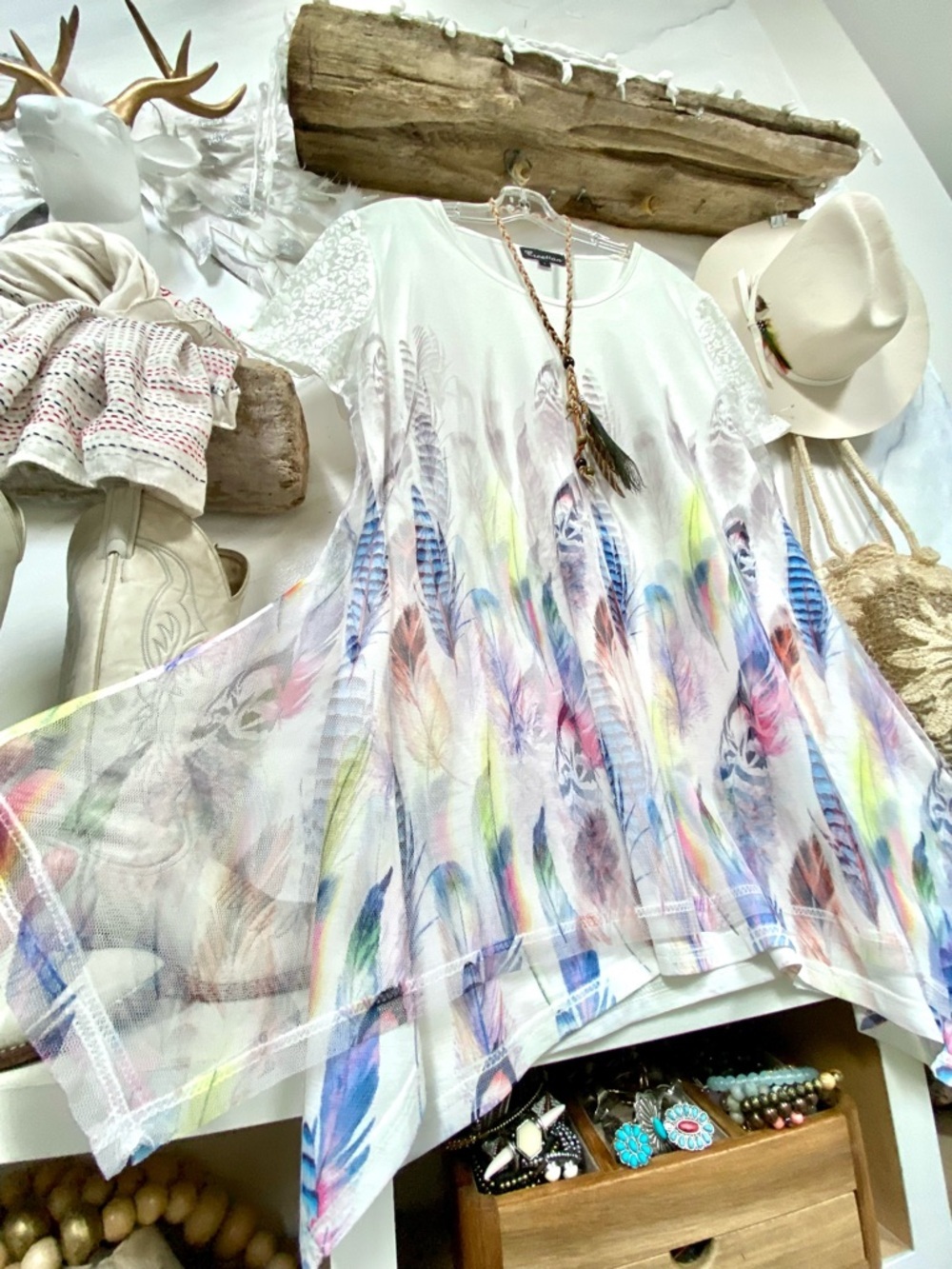 Semi sheer Feather boho tunic blouse w shabby chic resort vacay vibe